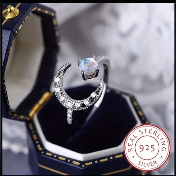 🌙Sterling Silver Adjustable MoonStone Half Moon Ring - Picture 2 of 16
